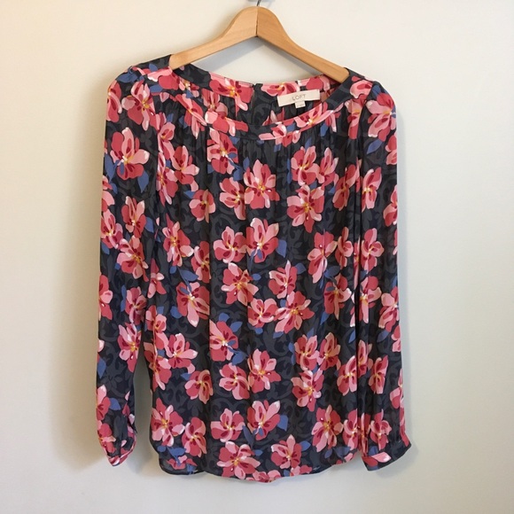 LOFT Tops - LOFT Grey & Pink Floral Blouse Medium Long Sleeve